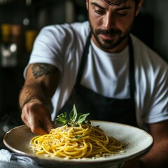 Chef Presenting Delicious Spaghetti Aglio e Olio