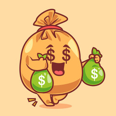 Naklejka premium Cute money bag holding green bags, smiling happily, vector illustration.