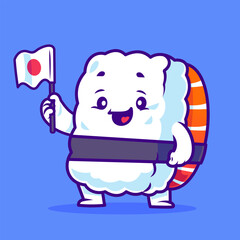 Happy sushi roll holding Japanese flag, smiling cheerfully, vector illustration.