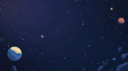 Cartoon space scene with planets, stars, and asteroids.