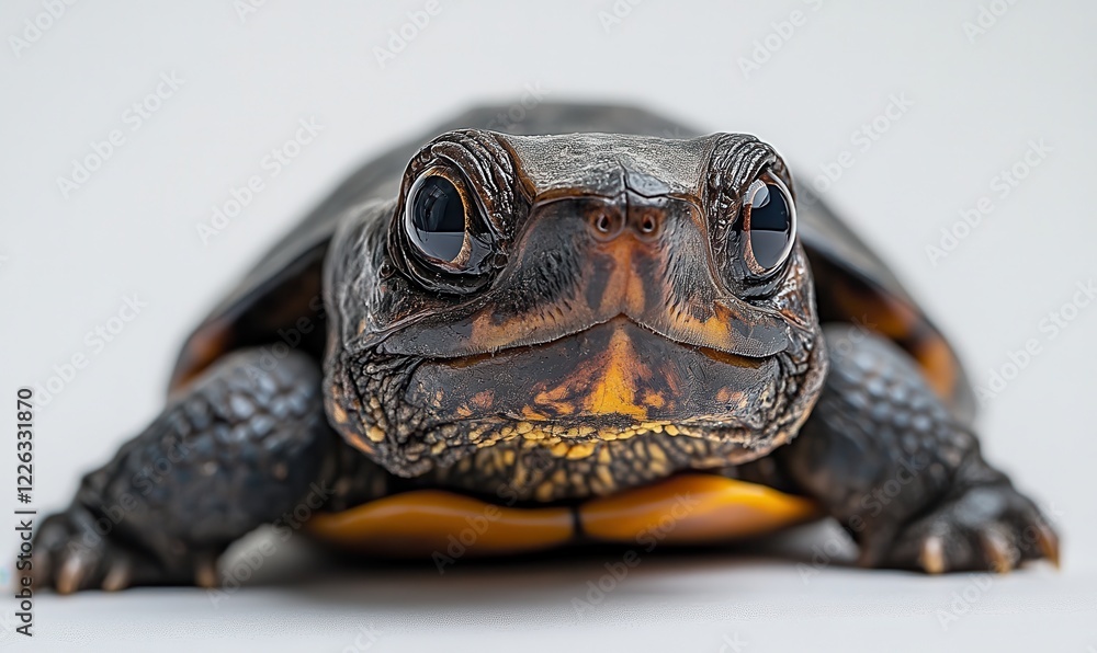 Aufkleber close-up portrait of a black and yellow turtle with sharp eyes and detailed shell texture on a neutr