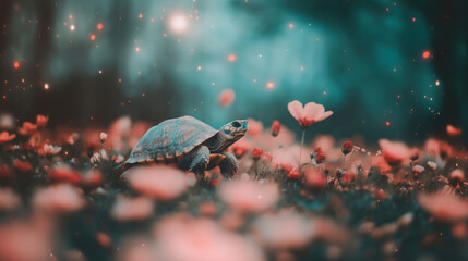 Obraz premium A turtle crawls through a vibrant meadow filled with flowers and glowing lights, evoking a dreamy and magical atmosphere.
