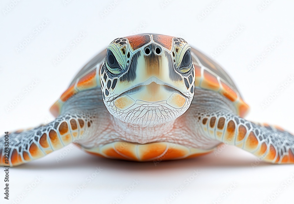Poster close-up portrait of a colorful sea turtle with intricate patterns and textures against a white back
