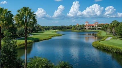 Fototapeta premium Luxury Golf Resort with Serene Lake and Lush Greenery