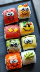 Naklejka premium Creating cartoon character sushi rolls home kitchen food art family-friendly close-up whimsical sushi designs