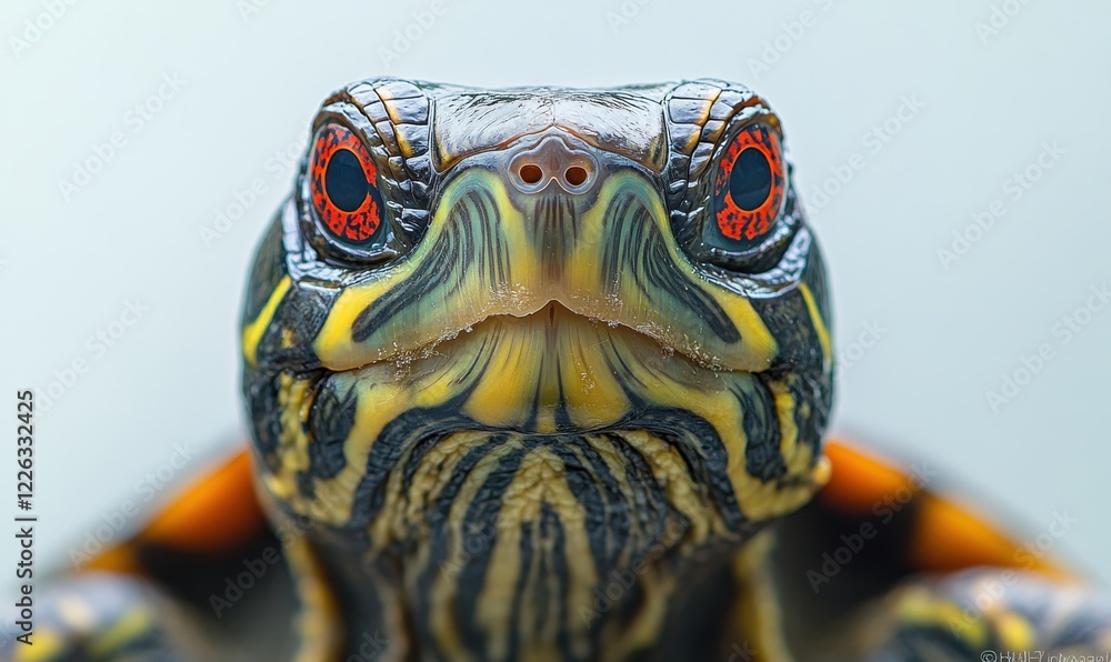 Poster close-up portrait of a colorful turtle with striking red eyes captured against a soft gray backgroun