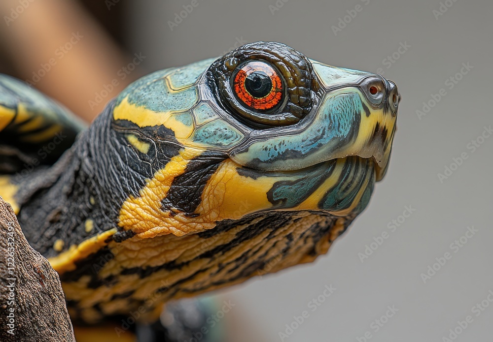 Aufkleber close-up portrait of a colorful turtle with vibrant patterns and striking eyes against a soft neutra