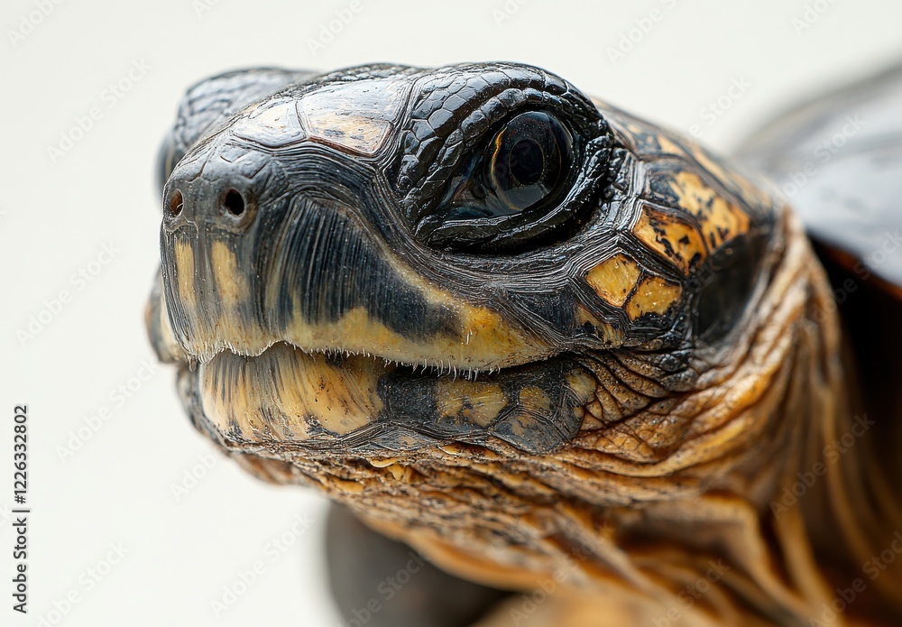 Poster close-up portrait of a majestic tortoise showing textured shell and expressive eyes in soft natural 