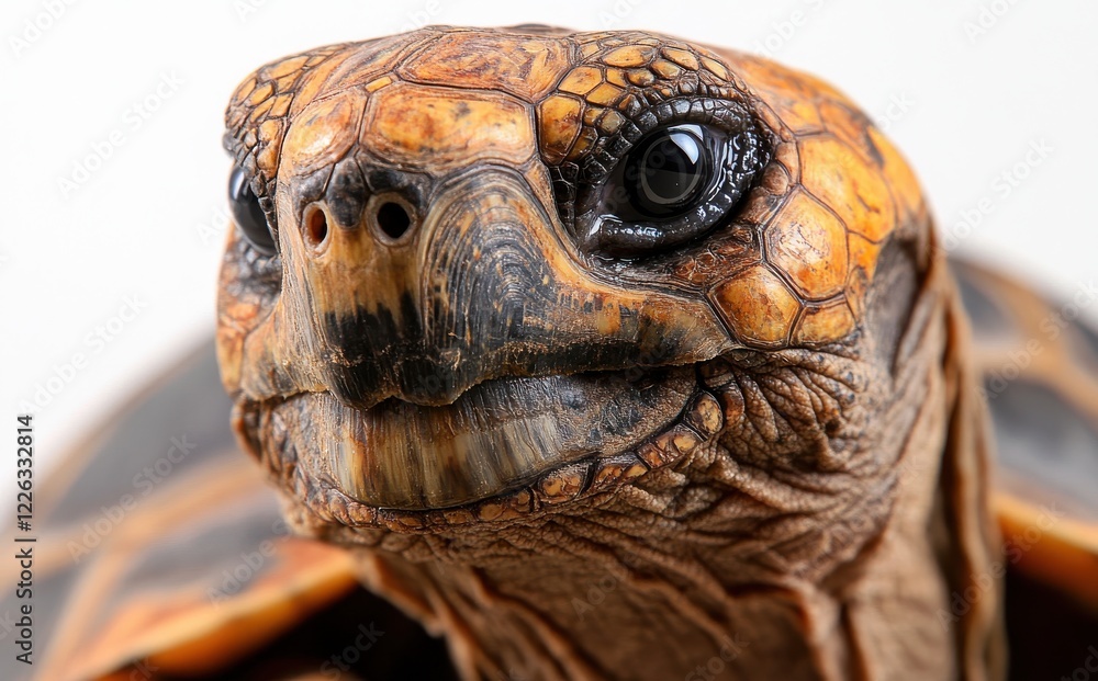 Poster close-up portrait of a majestic tortoise with unique shell patterns and expressive eyes on a white b