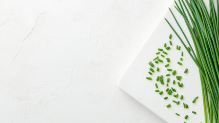 Freshly chopped chives are scattered on a white surface, showcasing vibrant green hues against a minimalist backdrop.