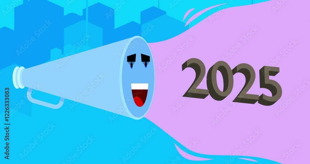 Aufkleber megaphone with number 2025. 4k resolution animation with funny elements.