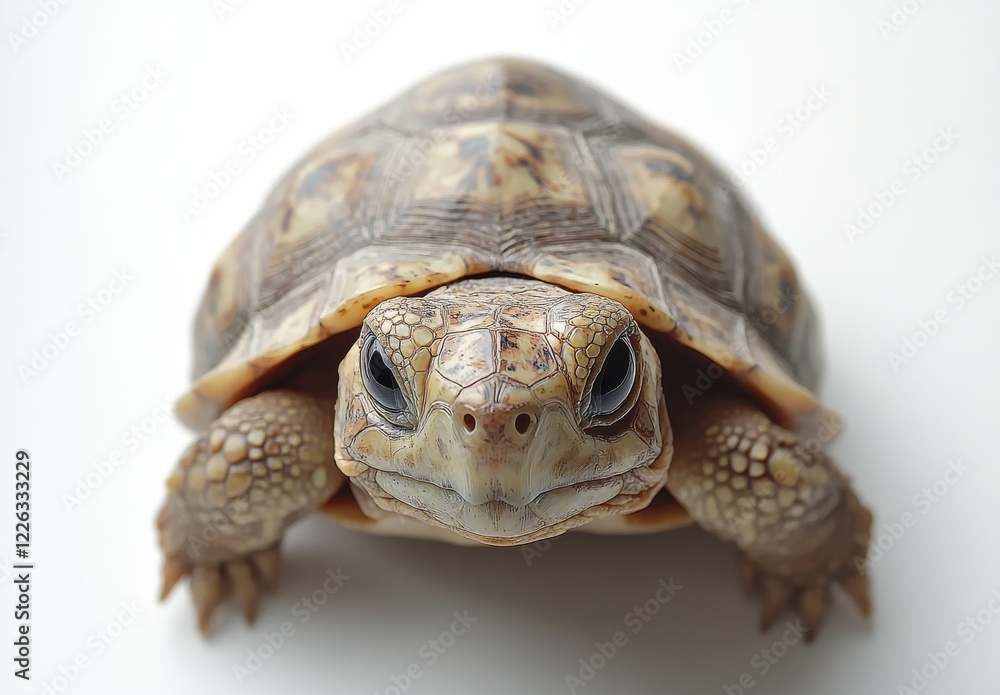 Poster close-up portrait of a tortoise with detailed shell patterns on a light background, ideal for nature