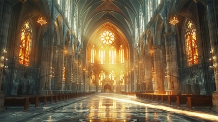 Fototapeta premium Grand Cathedral Interior with Soaring Gothic Arches and Stained Glass