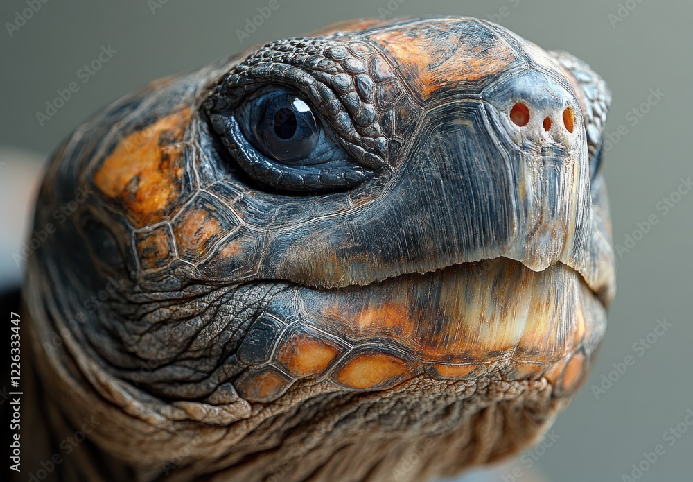 Poster close-up portrait of a turtle showing detailed textures and features with vivid colors, capturing th