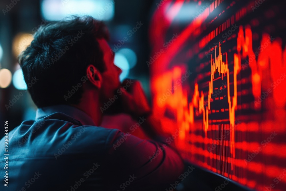 Poster man intensely studies a vibrant red stock market graph displayed on a large screen. this image perfe