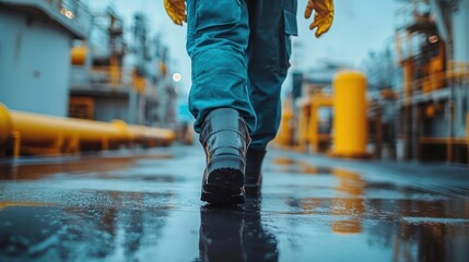 Worker walking on wet industrial platform.