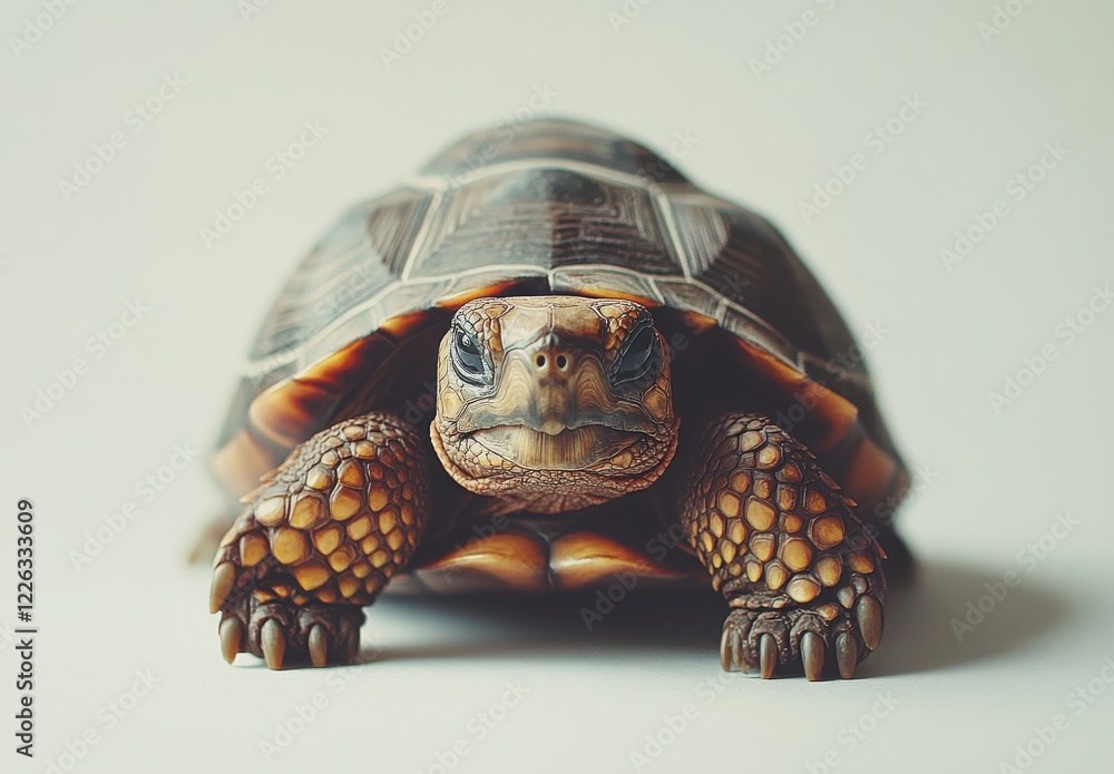 Poster close-up shot of a majestic tortoise showcasing detailed shell patterns and textures against a minim