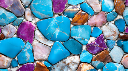 Vibrant turquoise and purple gemstones mosaic pattern creates natural artistic design in polished stone surface