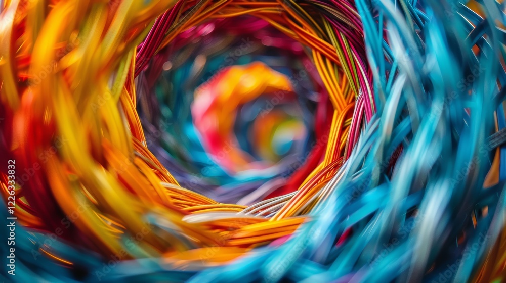 Poster vibrant multicolored wire strands twisted together in abstract form