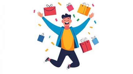 A happy ecommerce seller celebrating a successful sales campaign, online business success, isolated on white background
