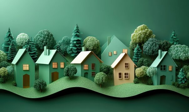 Eco-Friendly Green Paper Houses on Green Background Representing Sustainable Urban Development and Community Living