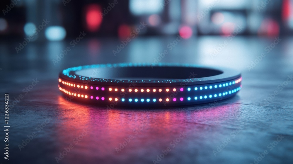 Aufkleber a futuristic shield with glowing elements rests on a sleek surface in a high-tech environment, showc
