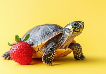 Fototapeta premium Close-Up View of a Colorful Tortoise Next to a Fresh Strawberry Against a Bright Yellow Background in a Studio Setting