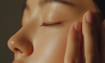Close-up of a woman's hand applying a lightweight toner on her face, Generative AI