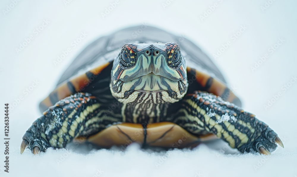 Aufkleber close-up view of a colorful turtle crawling on a snowy surface, showcasing intricate patterns and te