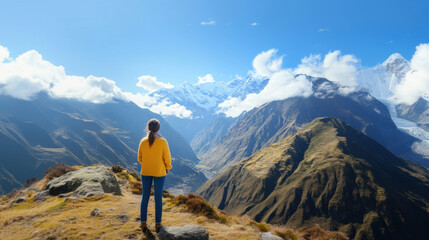 Fototapeta premium A person in a yellow jacket standing on top of a mountain, overlooking a vast scenic view with snow-capped peaks.