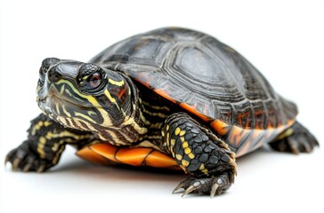 Obraz premium Close-Up View of a Colorful Turtle on a White Background Showcasing Its Intricate Shell Patterns and Vibrant Colors in Natural Light