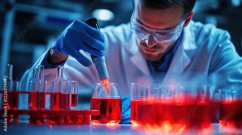 Poster scientist conducting experiment with red liquid.