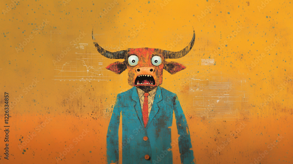 Poster a colorful character wearing a bull mask and a suit, standing in front of a bright and textured back