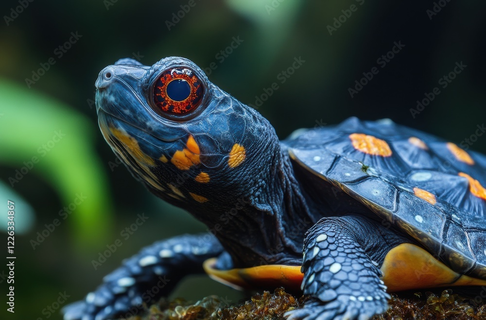 Poster close-up view of a colorful turtle with vivid features resting on moss in a lush green environment u