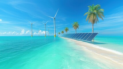 A close-up of solar panels and wind turbines working together, symbolizing the significant impact of renewable energy resources in reducing global carbon emissions