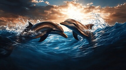 Obraz premium Two Dolphins Leaping at Sunset Over Ocean Waves