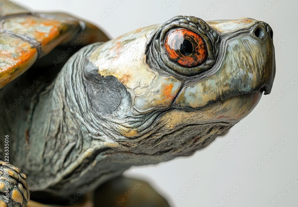 Poster close-up view of a highly detailed turtle figurine with realistic features and captivating eye color