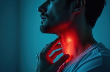 A man touches his throat with discomfort, highlighted by a glowing red pain effect. The dramatic lighting and blue-toned background emphasize symptoms of sore throat, illness, or medical conditions li