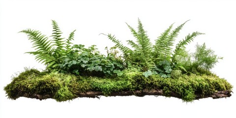 Naklejka premium Lush Green Ferns and Plants on Mossy Log in Natural Environment