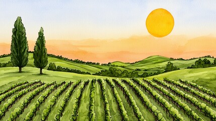Fototapeta premium Serene Vineyard Landscape at Sunset with Cypress Trees and Rolling Hills