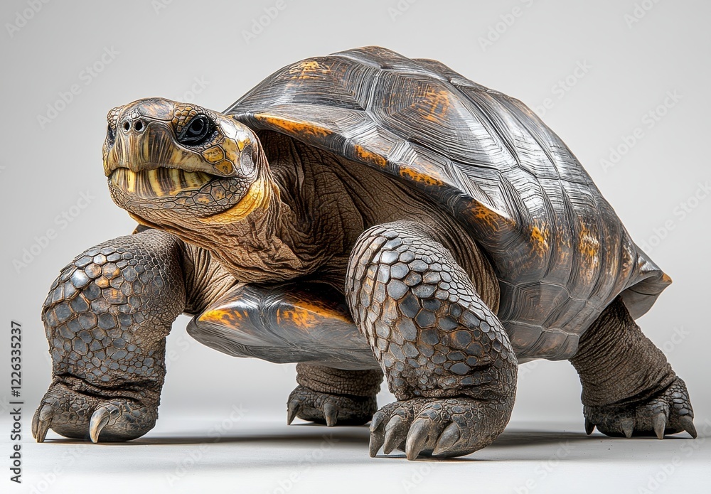 Poster close-up view of a realistic turtle with detailed shell and textured skin against a soft gray backgr