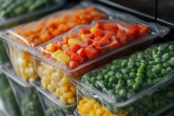 Frozen mixed vegetables in clear plastic packaging. Perfect for quick meals, showcasing healthy eating.