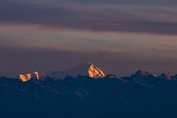 gloomy sunrise over the Mountain range in Nepal.