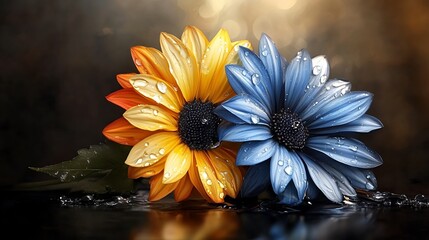 Vibrant Orange and Blue Flowers With Water Droplets, Dark Background