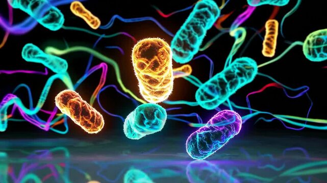 Glowing mitochondria with flowing energy patterns in a vibrant cellular matrix

