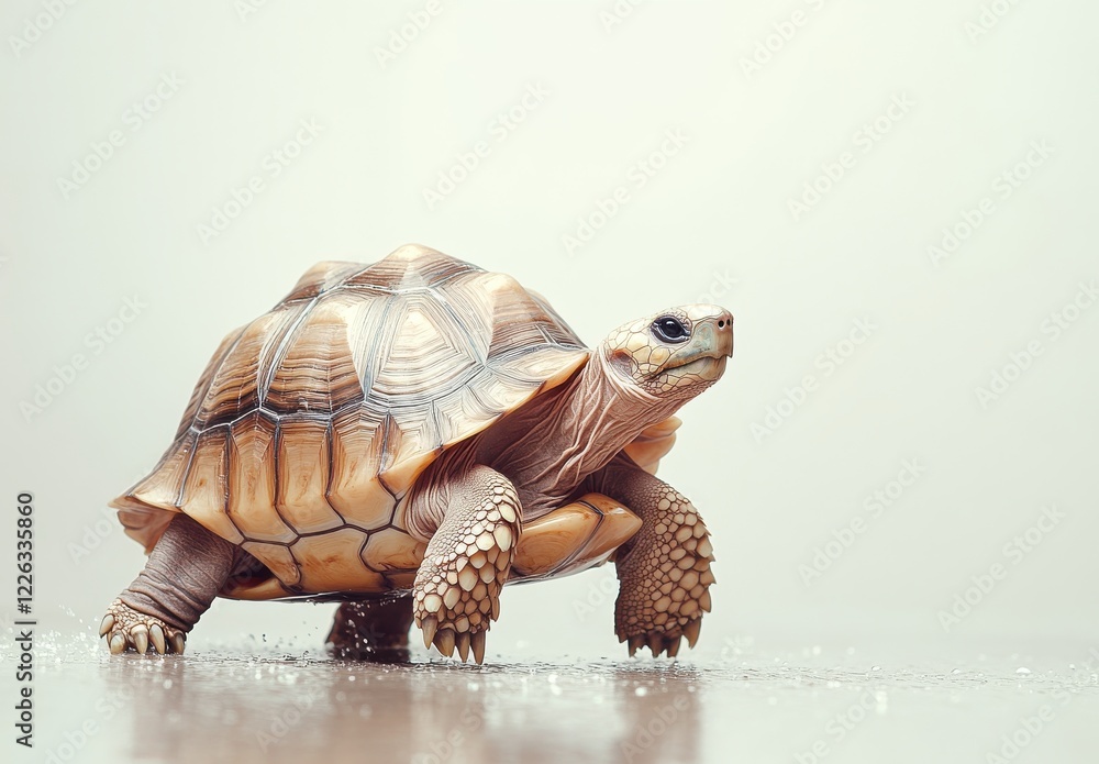 Poster close-up view of a tortoise walking gracefully on a light surface, showcasing its detailed shell and