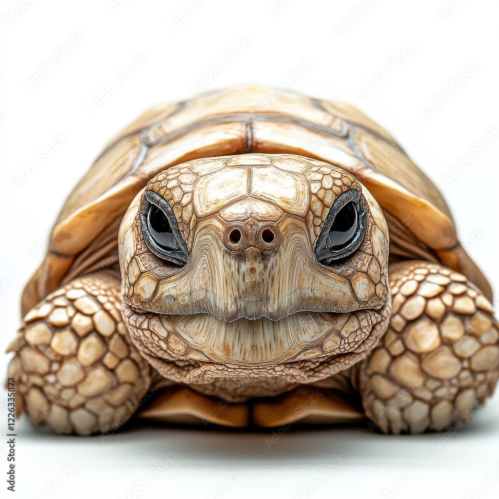 Poster close-up view of a tortoise with intricate shell patterns and distinctive features on a neutral back