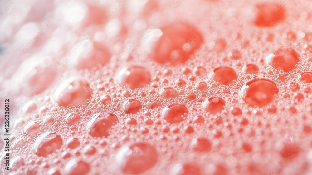 Poster close-up view showcases the complex formations of red bubbles and foam, creating a visually captivat
