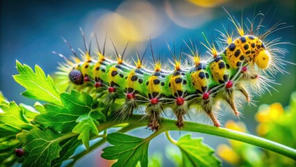 Surreal Green & Yellow Hairy Caterpillar on Arugula Branch - Pest Butterfly Larva Macro Photography