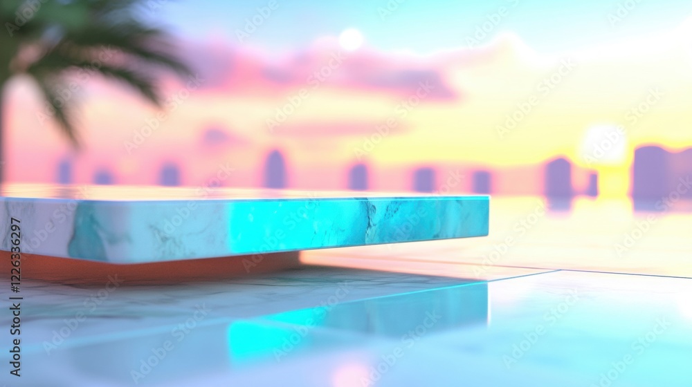 Aufkleber a marble table captures soft bokeh lights while overlooking a tranquil water view at sunset, creatin